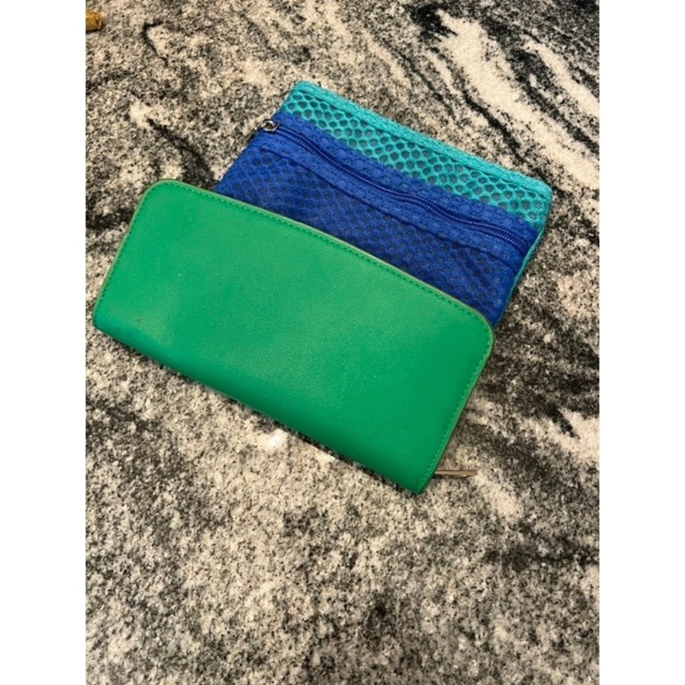A New Day Green Zip Around Continental Wallet Wristlet‎ and a blue/teal pouch
